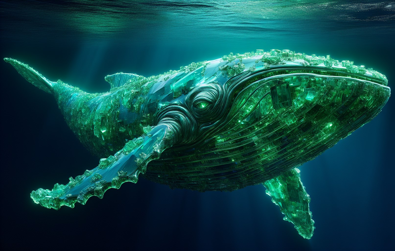 A whale made of emerald illustrating the discovery of the EMERALDWHALE campaign by cyber security researchers that exploits Git configuration files and has leaked over 15,000 credentials.