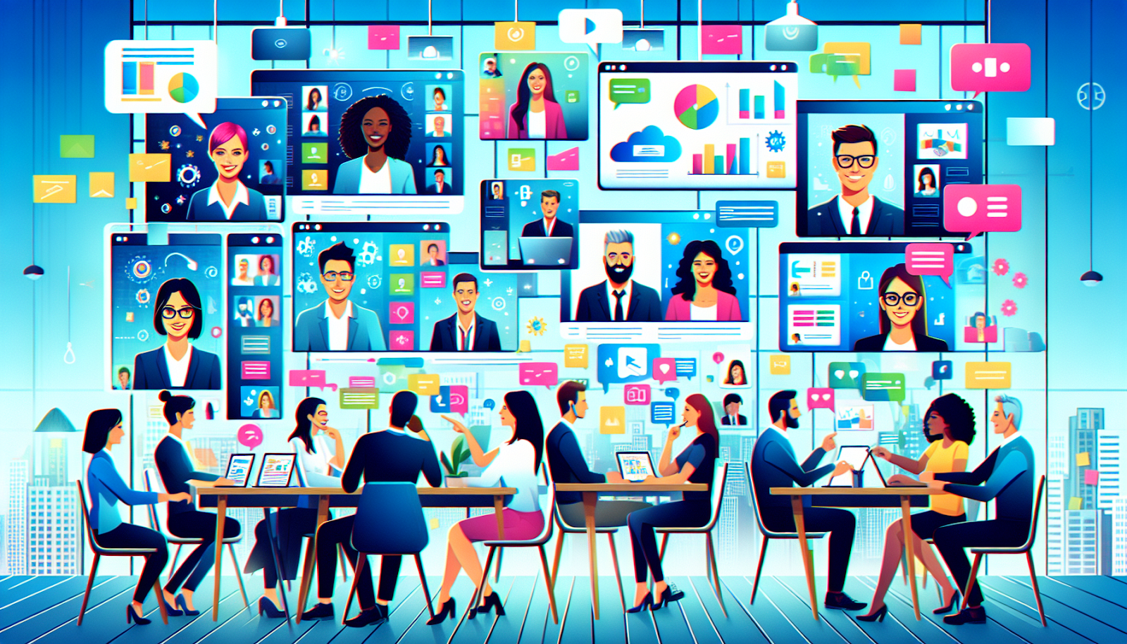 A cartoon illustrating enhanced team collaboration through productivity apps.